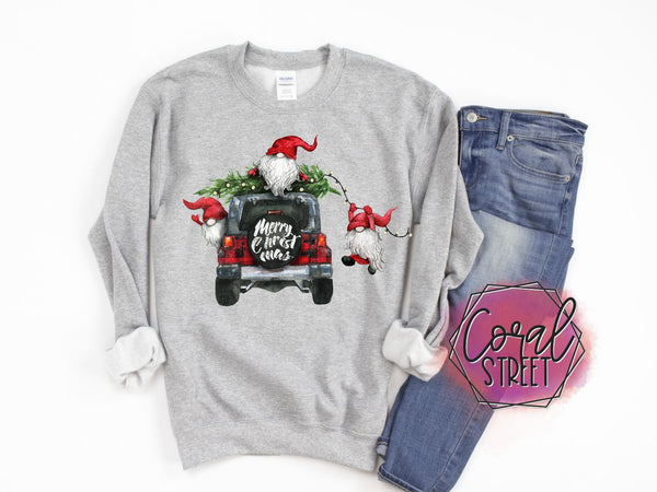 Merry Christmas Jeep with Gnomes (YOUR CHOICE of Sweatshirt, Tee, or Raglan)