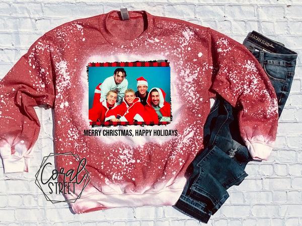 Merry Christmas, Happy Holidays Bleached Crewneck OR Tee (TAT 10-15 business days)