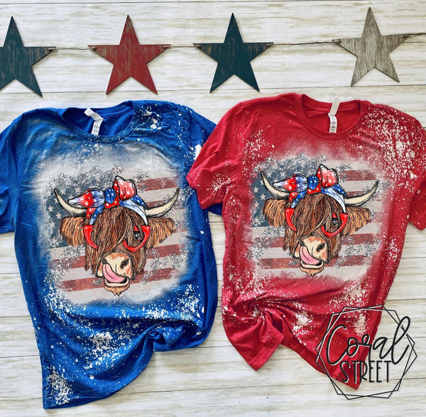 Patriotic Shaggy Cow Bleached TEE